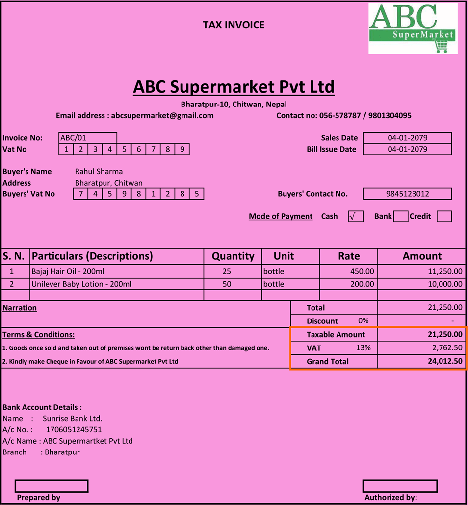 VAT Bill format