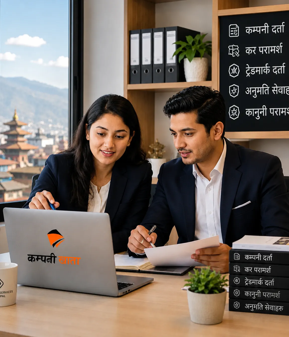Nepali founder reviewing registration documents with a consultant